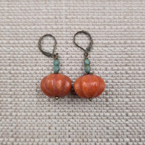 Copper Glass Pumpkin With Stone Handmade Earrings A6746 - Picture 2 of 6
